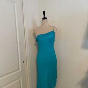 100 Percent Silk Turquoise One-Shoulder Cocktail Dress